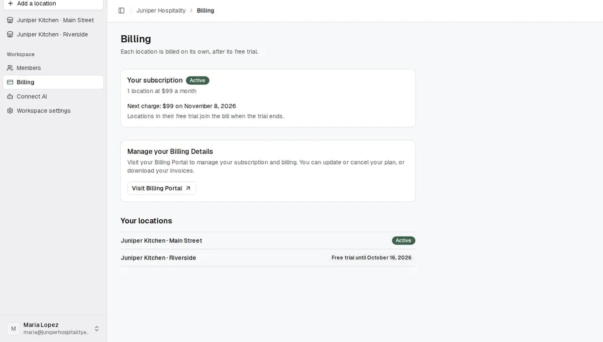 The Billing page before a card is added, with both Juniper Kitchen locations on their free trial