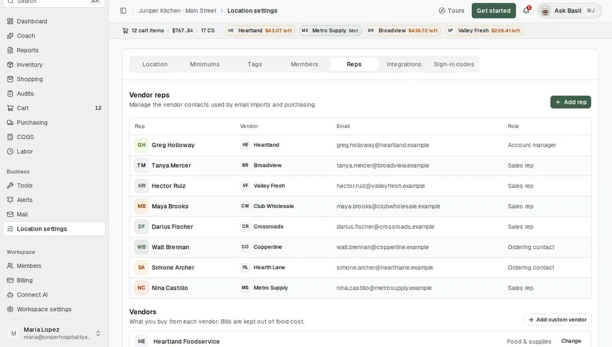 The vendor change window in Location settings, switching Metro Refrigeration Repair to Bills & services