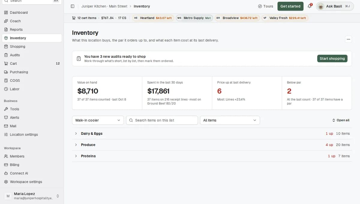 The Produce group on the Inventory page with Unit price and Change columns, Roma tomatoes at $1.14 per lb, up 12.4%