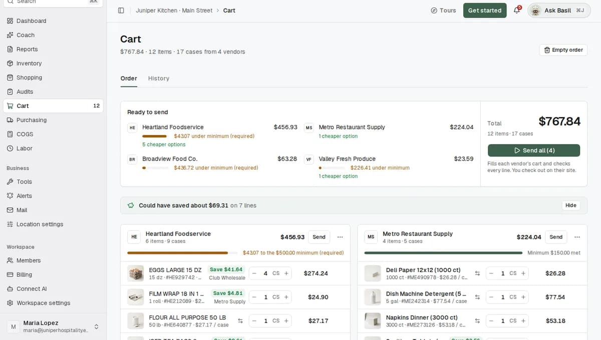A cart line with a green Save chip naming a cheaper vendor