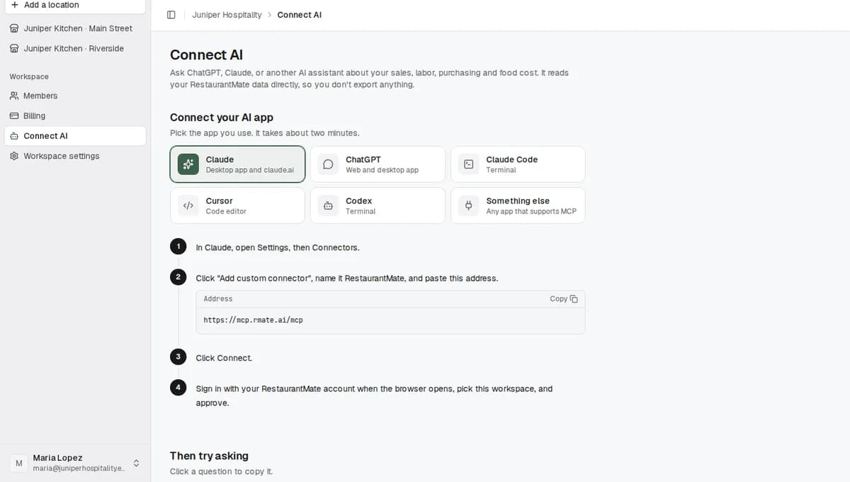 The Connect AI page with Claude selected, showing its four steps and the address to copy