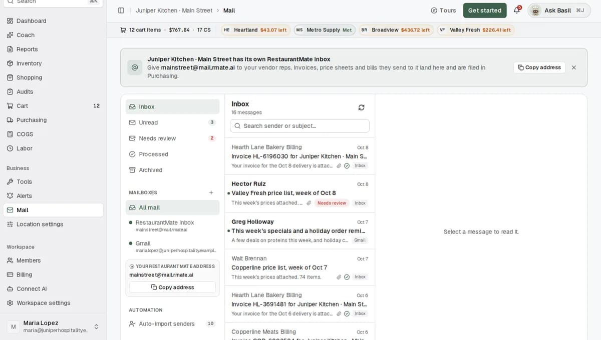 The Mail page before any mailbox is set up, with the choice to connect Gmail or Outlook or create a RestaurantMate inbox
