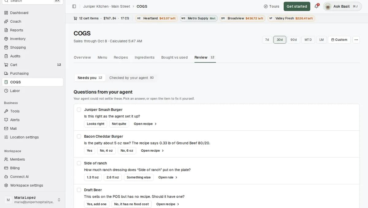 New POS items waiting under Items without a recipe on the COGS Review tab