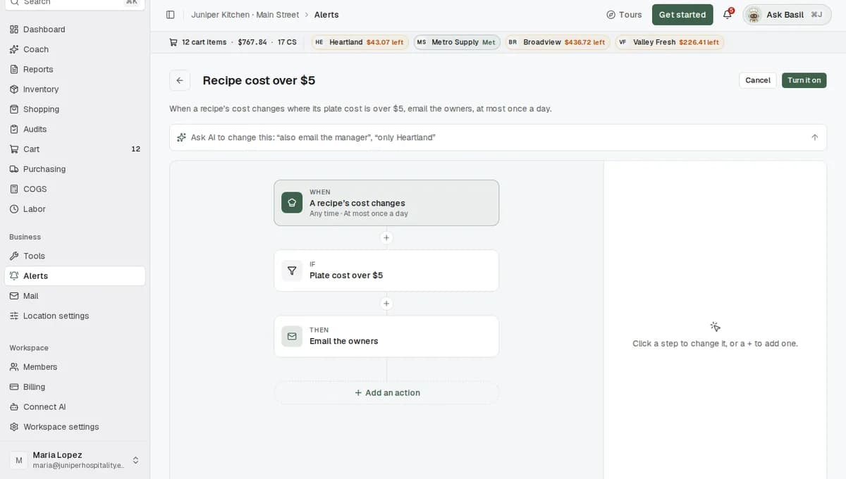 The alert editor with WHEN, IF and THEN boxes for a recipe that uses eggs