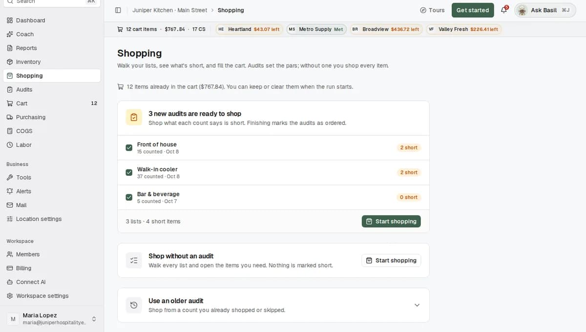 The Shopping page with two new counts ready to shop and a Start shopping button