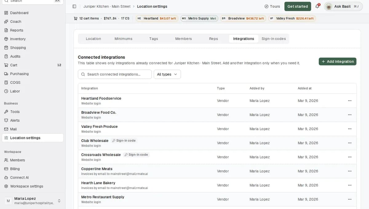 The Integrations tab in Location settings for Juniper Kitchen Main Street, listing six connected website vendors and an Add integration button