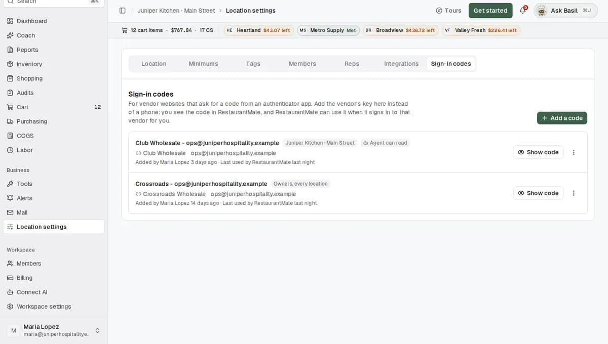 The Sign-in codes tab in Location settings, with the Add a code button highlighted